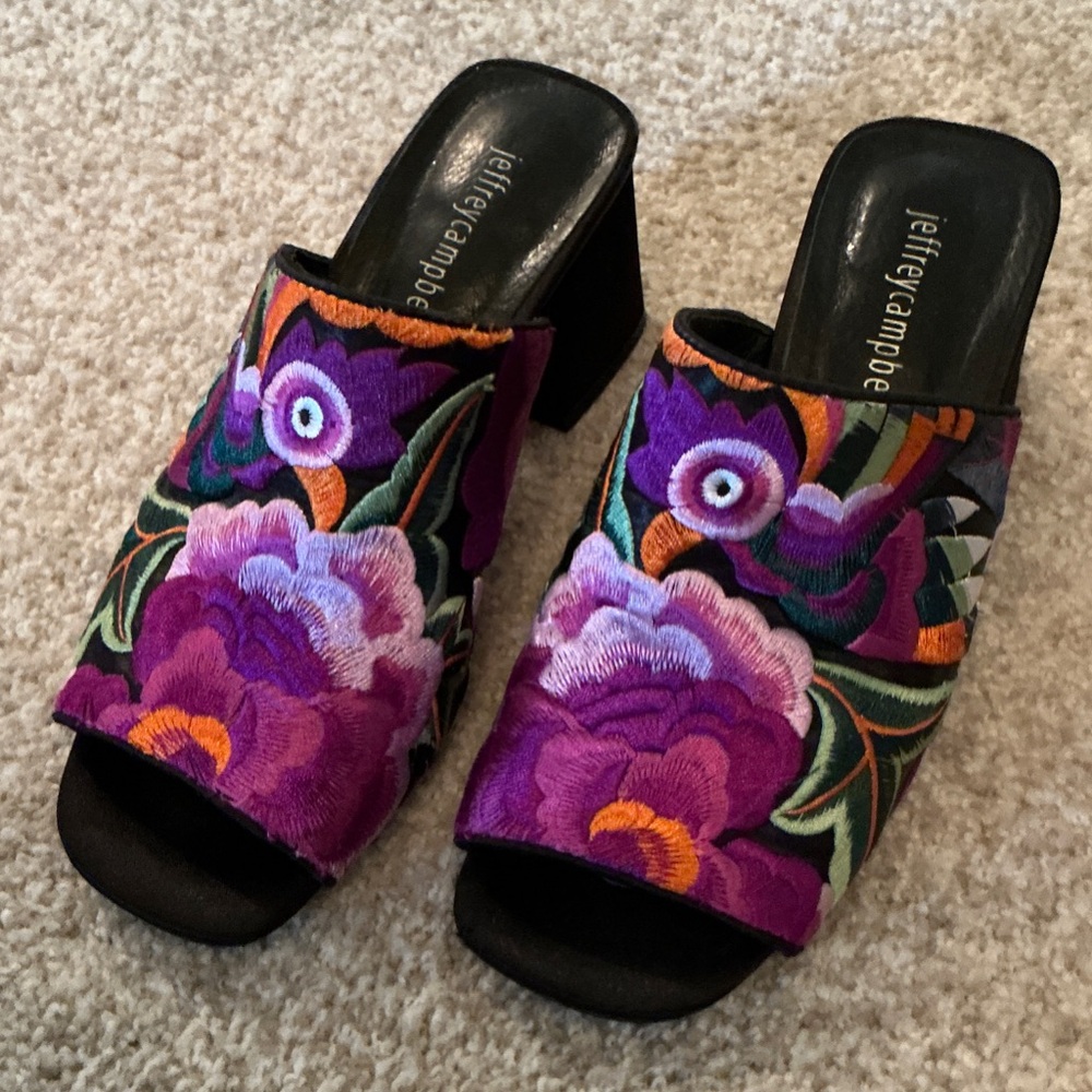Jeffrey Campbell Purple Floral Embroidered Mules